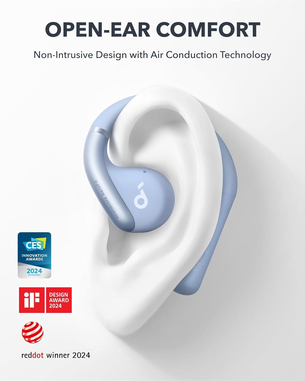 image:imageAnker Soundcore AeroFit OpenEar Headphones Ultra Comfort Snug Fit Ergonomic Ear Hook Balanced Sound IPX7 Waterproof 42H PlaytimeSmallEar FriendlyApp ControlClear CallsWireless EarbudsCozy Blue