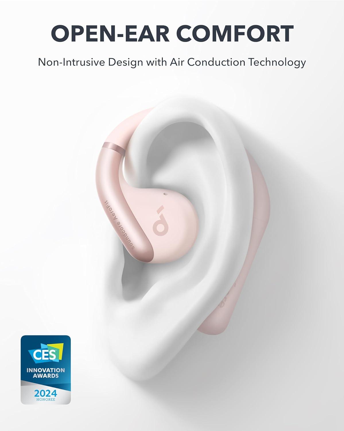 image:imageAnker Soundcore AeroFit OpenEar Headphones Ultra Comfort Snug Fit Ergonomic Ear Hook Balanced Sound IPX7 Waterproof 42H PlaytimeSmallEar FriendlyApp ControlClear CallsWireless EarbudsSoft Pink