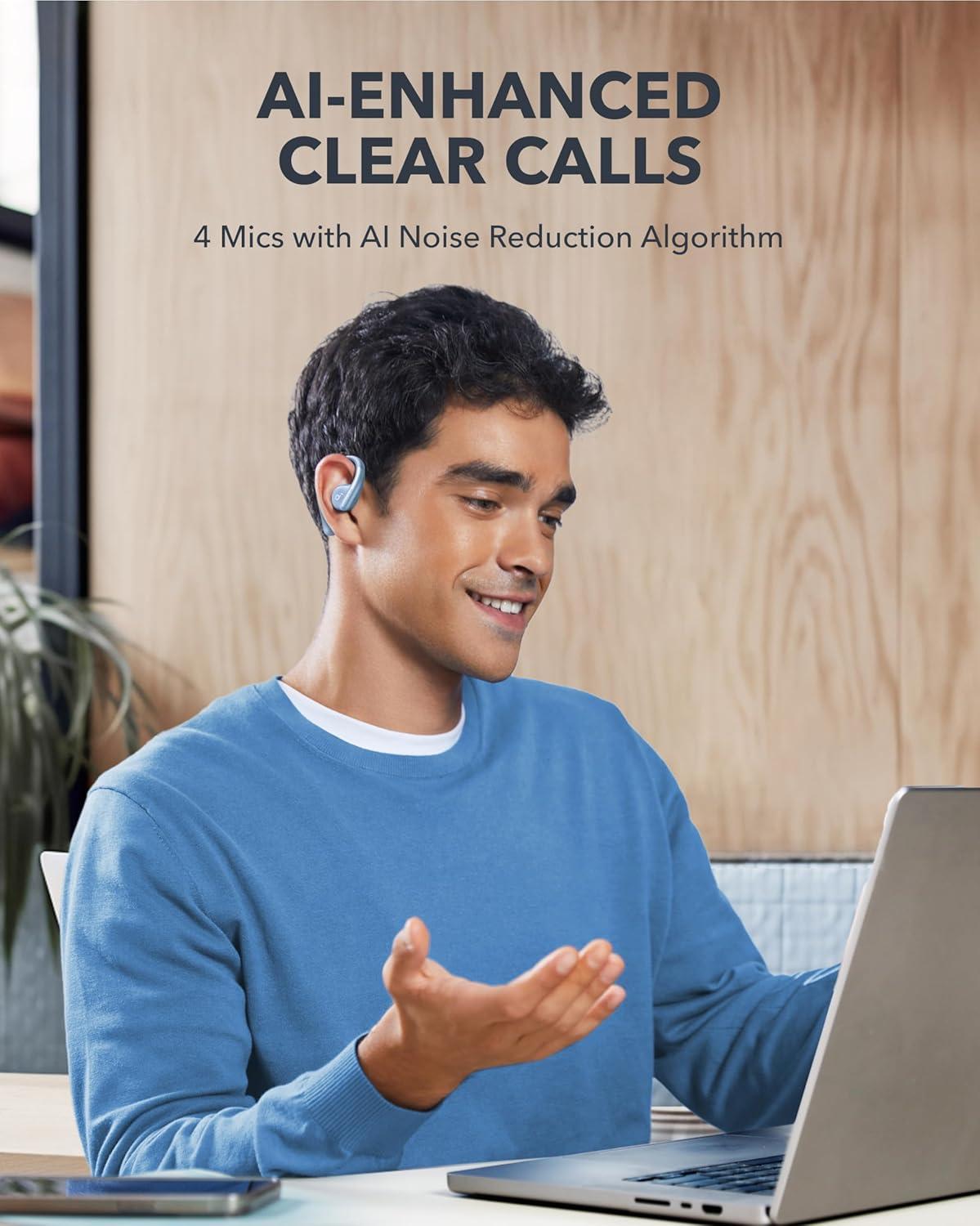 image:imageAnker Soundcore AeroFit OpenEar Headphones Ultra Comfort Snug Fit Ergonomic Ear Hook Balanced Sound IPX7 Waterproof 42H PlaytimeSmallEar FriendlyApp ControlClear CallsWireless EarbudsCozy Blue