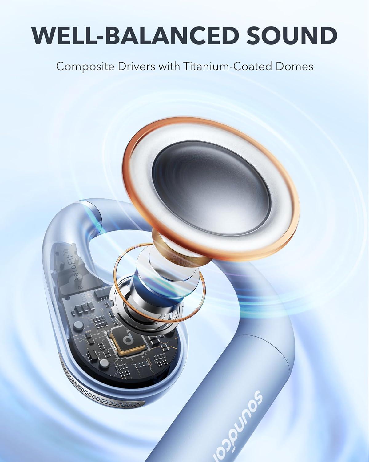 image:imageAnker Soundcore AeroFit OpenEar Headphones Ultra Comfort Snug Fit Ergonomic Ear Hook Balanced Sound IPX7 Waterproof 42H PlaytimeSmallEar FriendlyApp ControlClear CallsWireless EarbudsCozy Blue