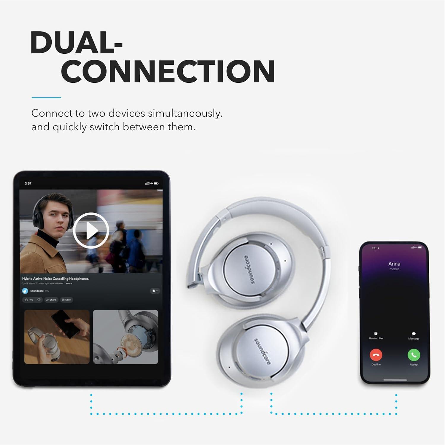 image:imageSoundcore Anker Life Q20 Hybrid Active Noise Cancelling Headphones Wireless Over Ear Bluetooth Headphones 60H Playtime HiRes Audio Deep Bass Foam Ear Cups Travel Office USBC ChargingSilver