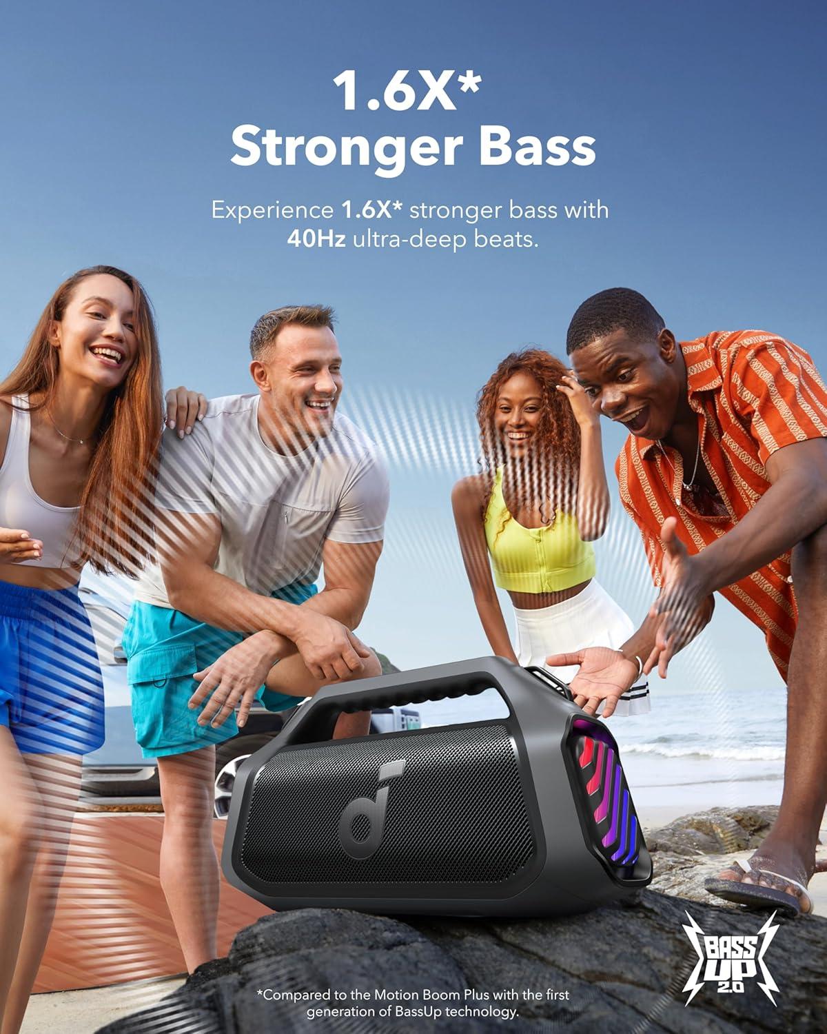 image:imageSoundcore Boom 2 Plus Portable Speaker by Anker 140W 22 Channel BassUp 20 20H Playtime Fast Charge IPX7 Waterproof RGB Lights Power Bank Bluetooth 53 Outdoor Speakers Camping BeachBlack