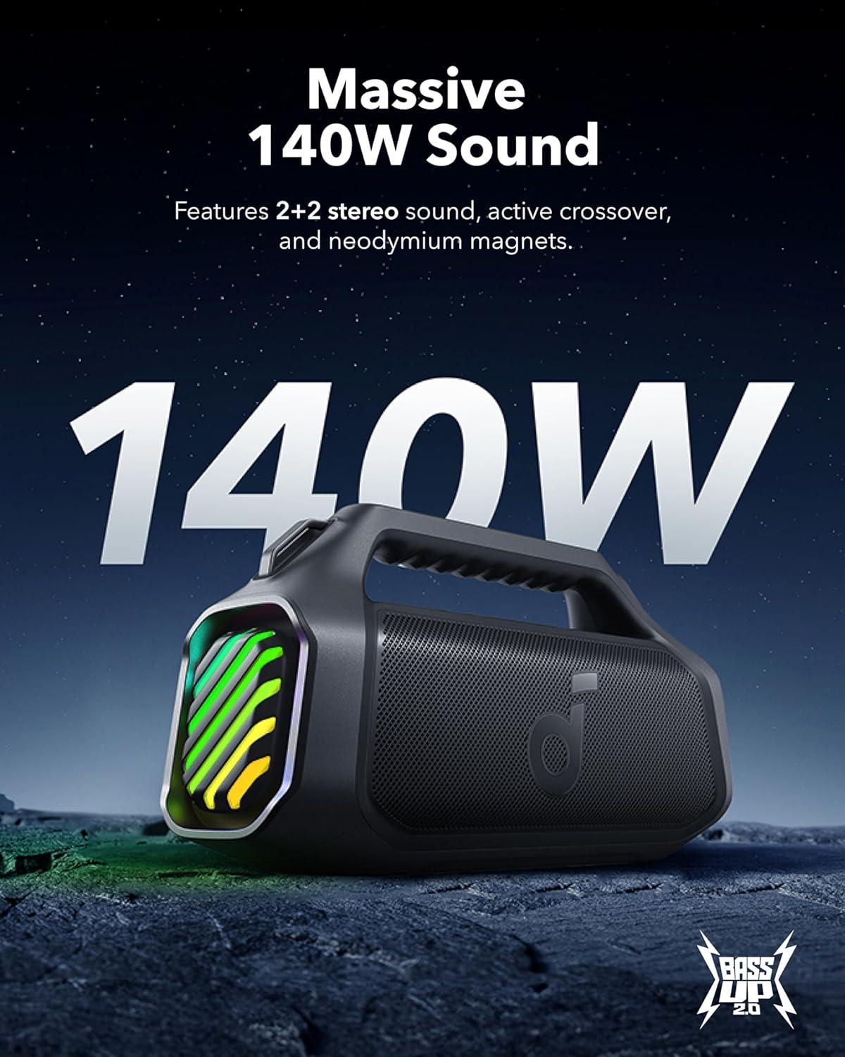 image:imageSoundcore Boom 2 Plus Portable Speaker by Anker 140W 22 Channel BassUp 20 20H Playtime Fast Charge IPX7 Waterproof RGB Lights Power Bank Bluetooth 53 Outdoor Speakers Camping BeachBlack