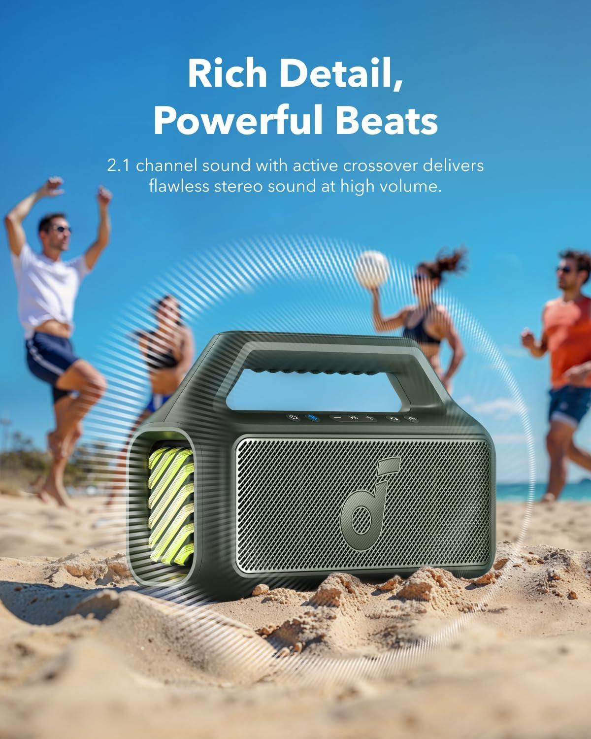 image:imageSoundcore Boom 2 by Anker Outdoor Speaker 80W Subwoofer BassUp 20 24H Playtime IPX7 Waterproof Floatable RGB Lights USBC Custom EQ Bluetooth 53 Portable for Camping and Beach BlueGreen