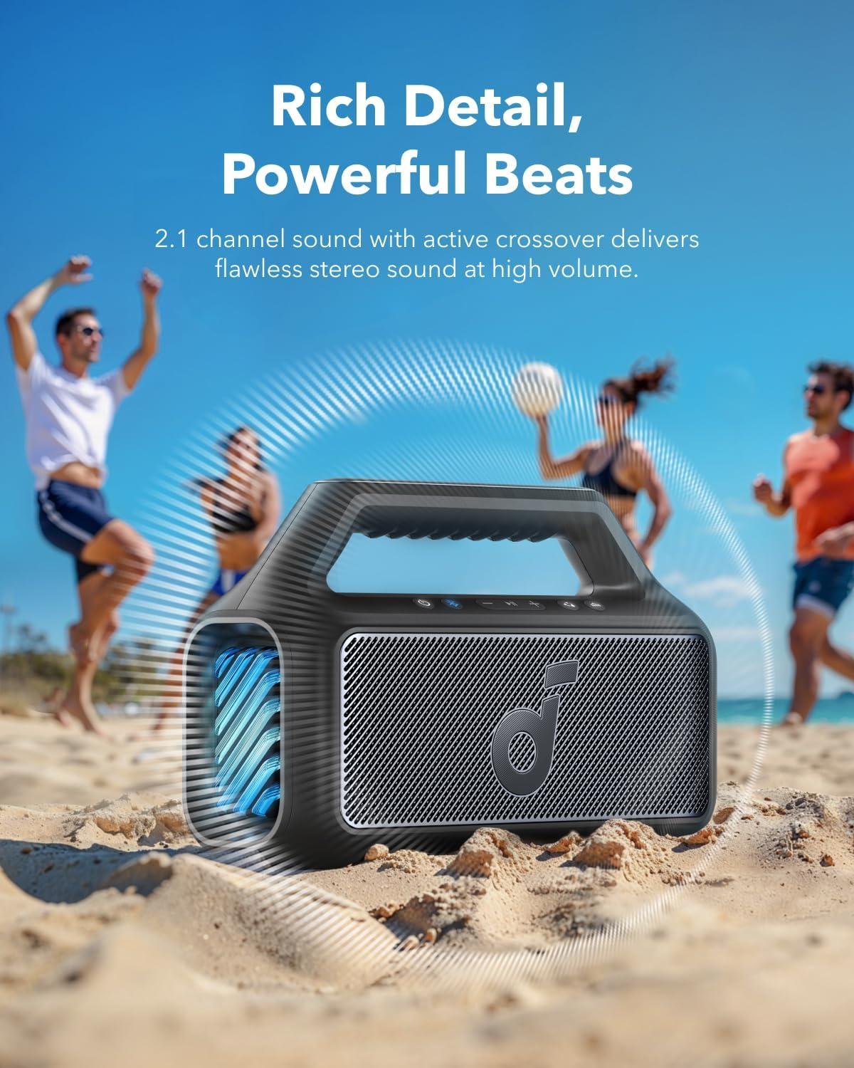 image:imageSoundcore Boom 2 by Anker Outdoor Speaker 80W Subwoofer BassUp 20 24H Playtime IPX7 Waterproof Floatable RGB Lights USBC Custom EQ Bluetooth 53 Portable for Camping and Beach BlueBlack
