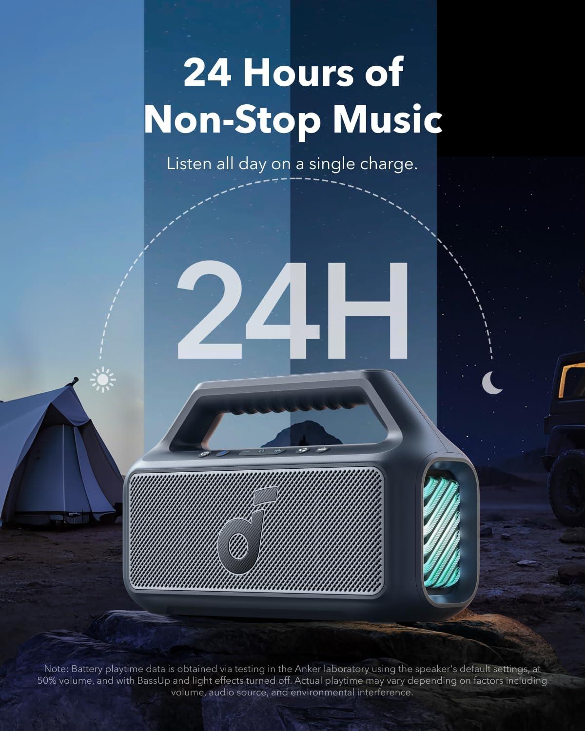 image:imageSoundcore Boom 2 by Anker Outdoor Speaker 80W Subwoofer BassUp 20 24H Playtime IPX7 Waterproof Floatable RGB Lights USBC Custom EQ Bluetooth 53 Portable for Camping and Beach GreenBlue