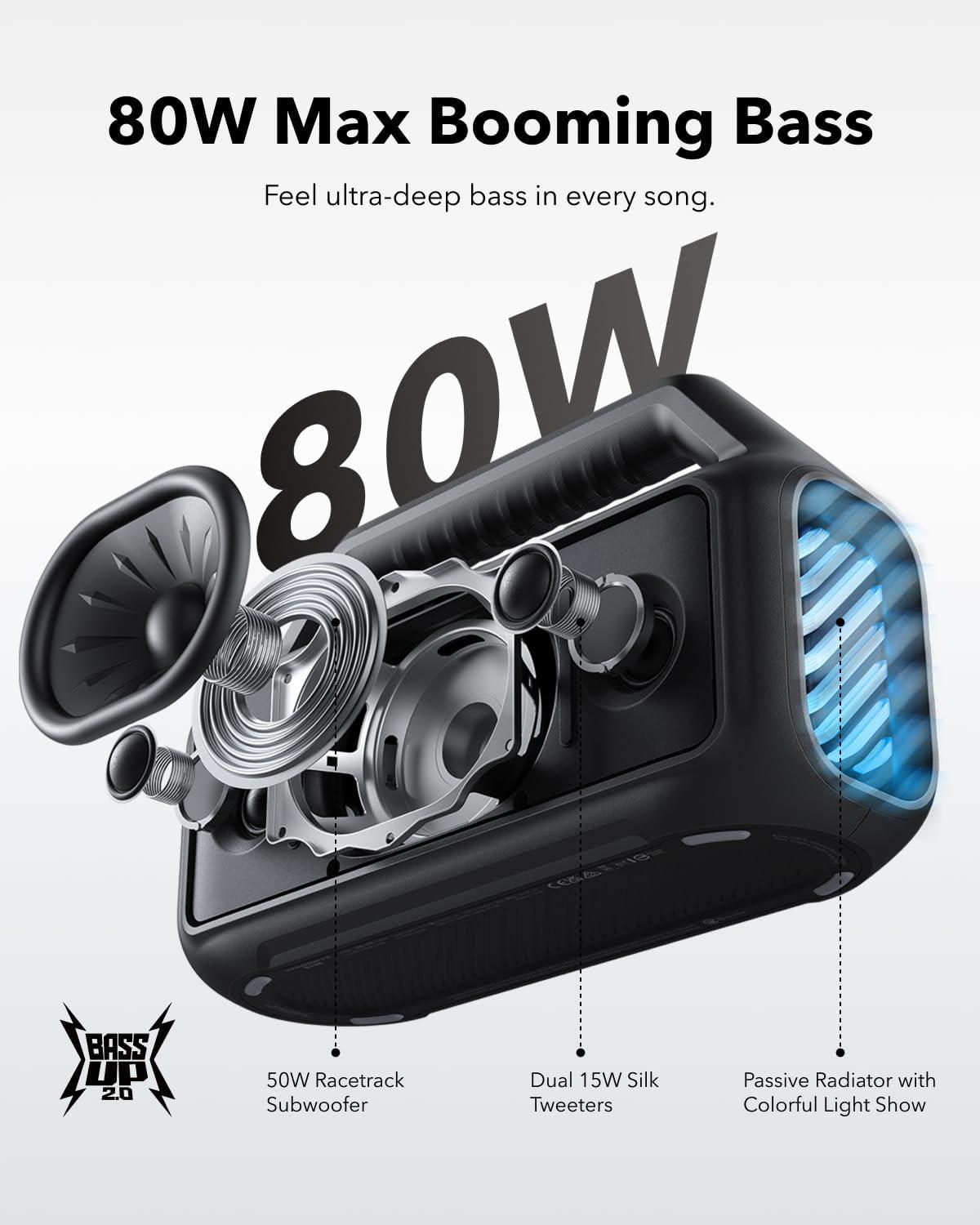 image:imageSoundcore Boom 2 by Anker Outdoor Speaker 80W Subwoofer BassUp 20 24H Playtime IPX7 Waterproof Floatable RGB Lights USBC Custom EQ Bluetooth 53 Portable for Camping and Beach GreenBlack