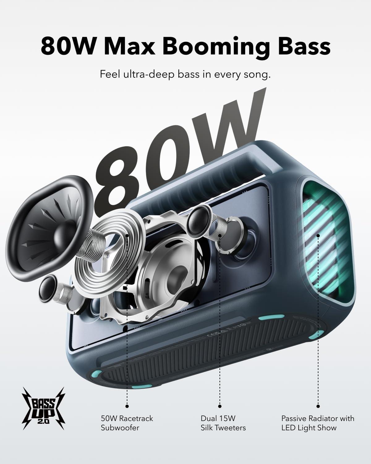 image:imageSoundcore Boom 2 by Anker Outdoor Speaker 80W Subwoofer BassUp 20 24H Playtime IPX7 Waterproof Floatable RGB Lights USBC Custom EQ Bluetooth 53 Portable for Camping and Beach GreenBlue