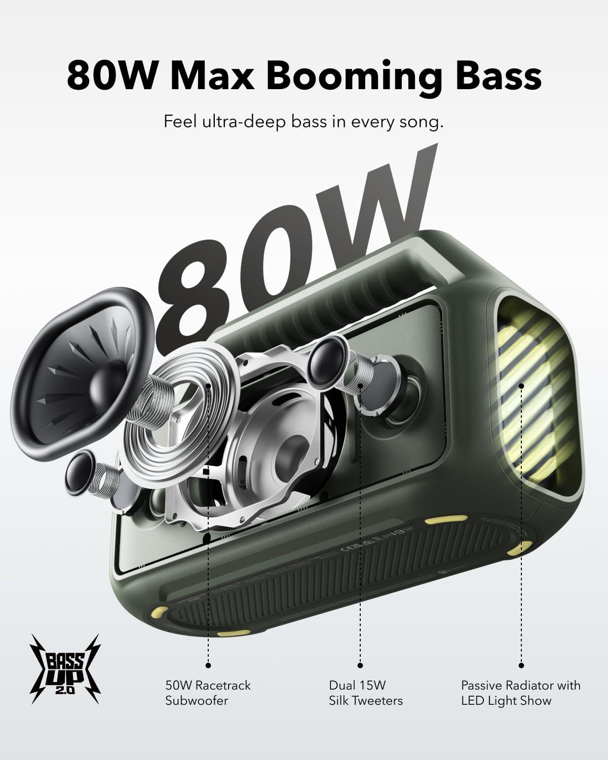image:imageSoundcore Boom 2 by Anker Outdoor Speaker 80W Subwoofer BassUp 20 24H Playtime IPX7 Waterproof Floatable RGB Lights USBC Custom EQ Bluetooth 53 Portable for Camping and Beach GreenGreen