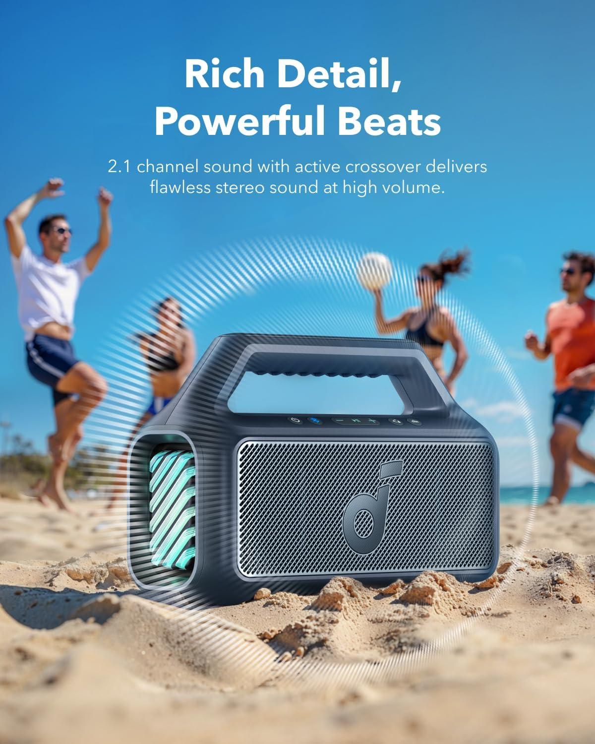 image:imageSoundcore Boom 2 by Anker Outdoor Speaker 80W Subwoofer BassUp 20 24H Playtime IPX7 Waterproof Floatable RGB Lights USBC Custom EQ Bluetooth 53 Portable for Camping and Beach GreenBlue