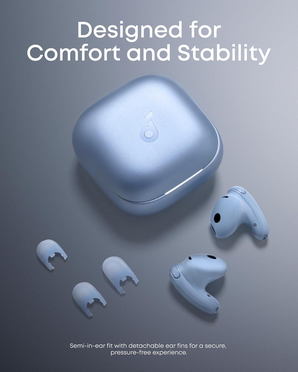image:imageSoundcore Liberty Buds by Anker SemiinEar Design Removable Ear Fins RealTime Adaptive Noise Cancelling Fast Charging Wireless Bluetooth EarbudsTranslation Earbuds 30H PlaytimeLight Blue