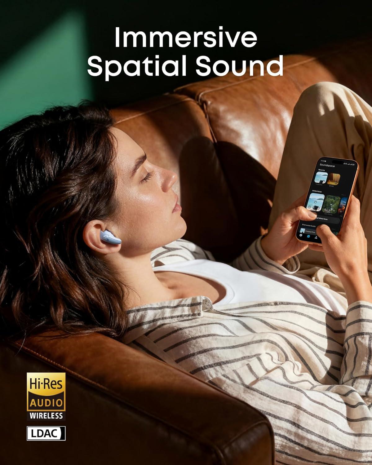 image:imageSoundcore Liberty Buds by Anker SemiinEar Design Removable Ear Fins RealTime Adaptive Noise Cancelling Fast Charging Wireless Bluetooth EarbudsTranslation Earbuds 30H PlaytimeLight Blue