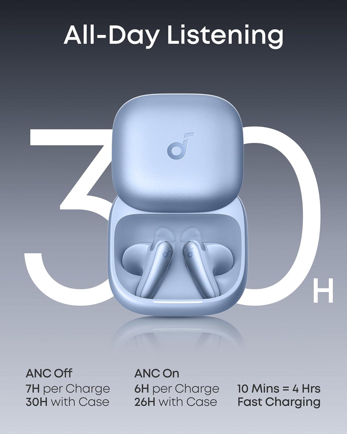 image:imageSoundcore Liberty Buds by Anker SemiinEar Design Removable Ear Fins RealTime Adaptive Noise Cancelling Fast Charging Wireless Bluetooth EarbudsTranslation Earbuds 30H PlaytimeLight Blue