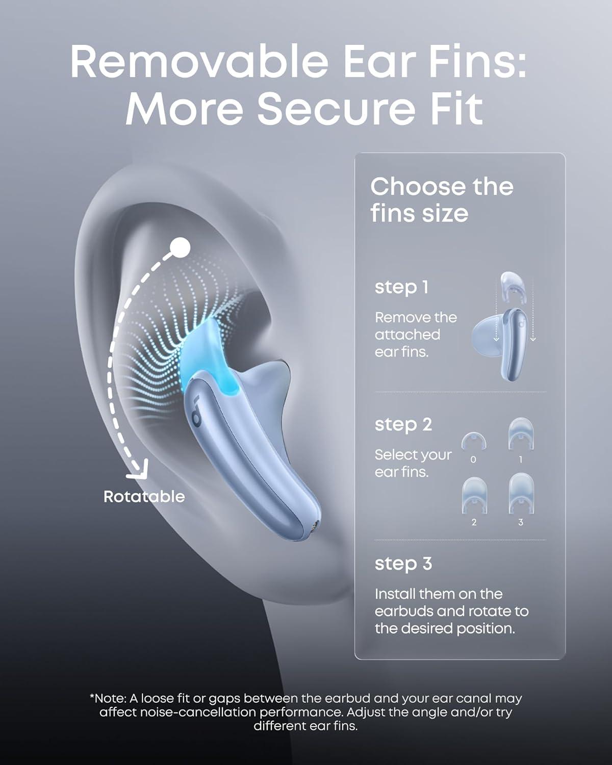 image:imageSoundcore Liberty Buds by Anker SemiinEar Design Removable Ear Fins RealTime Adaptive Noise Cancelling Fast Charging Wireless Bluetooth EarbudsTranslation Earbuds 30H PlaytimeLight Blue
