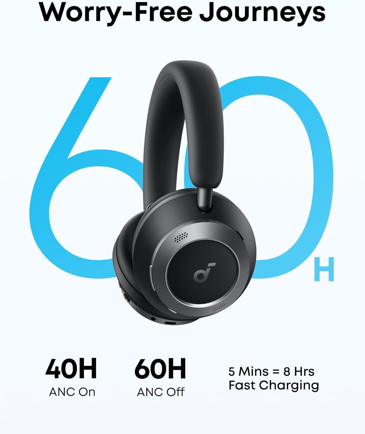 image:imageSoundcore Space One Pro FlexiCurve OverEar Headphone Adaptive Active Noise Cancelling Headphones Driven by 6 Mics 60H Lossless Audio UltraFast Charging HiRes Wireless Comfortable FitJet Black