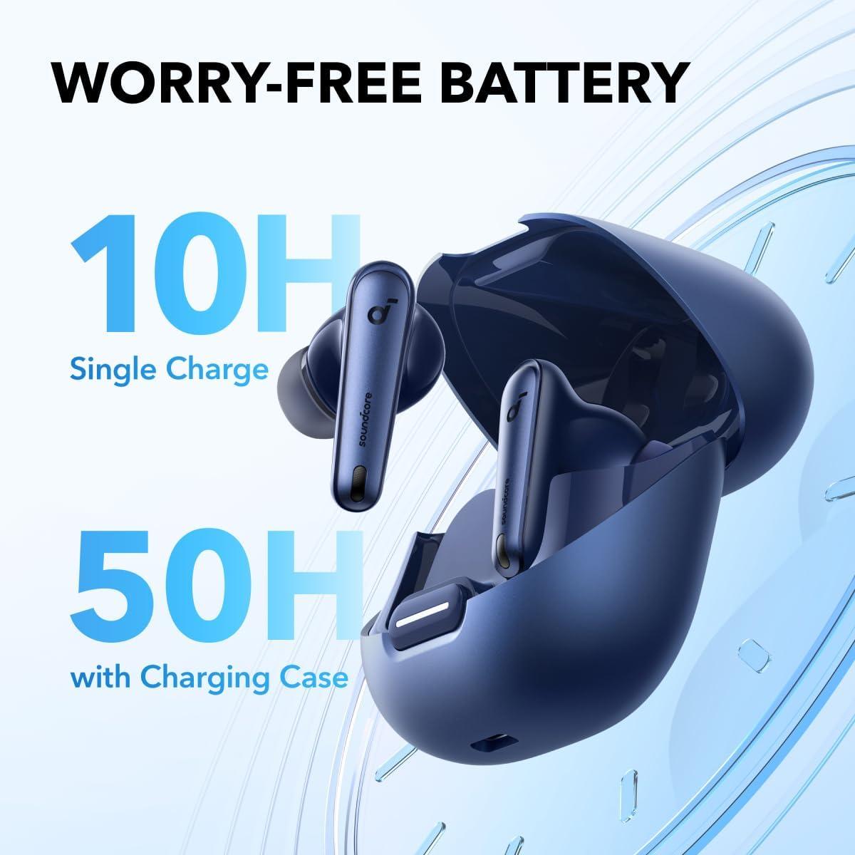 image:imageSoundcore by Anker Liberty 4 NC Noise Cancelling Earbuds 985 Noise Reduction Adaptive Noise Cancelling to Ears and Environment HiRes Sound 50H Battery Wireless Charging Bluetooth 53Navy Blue