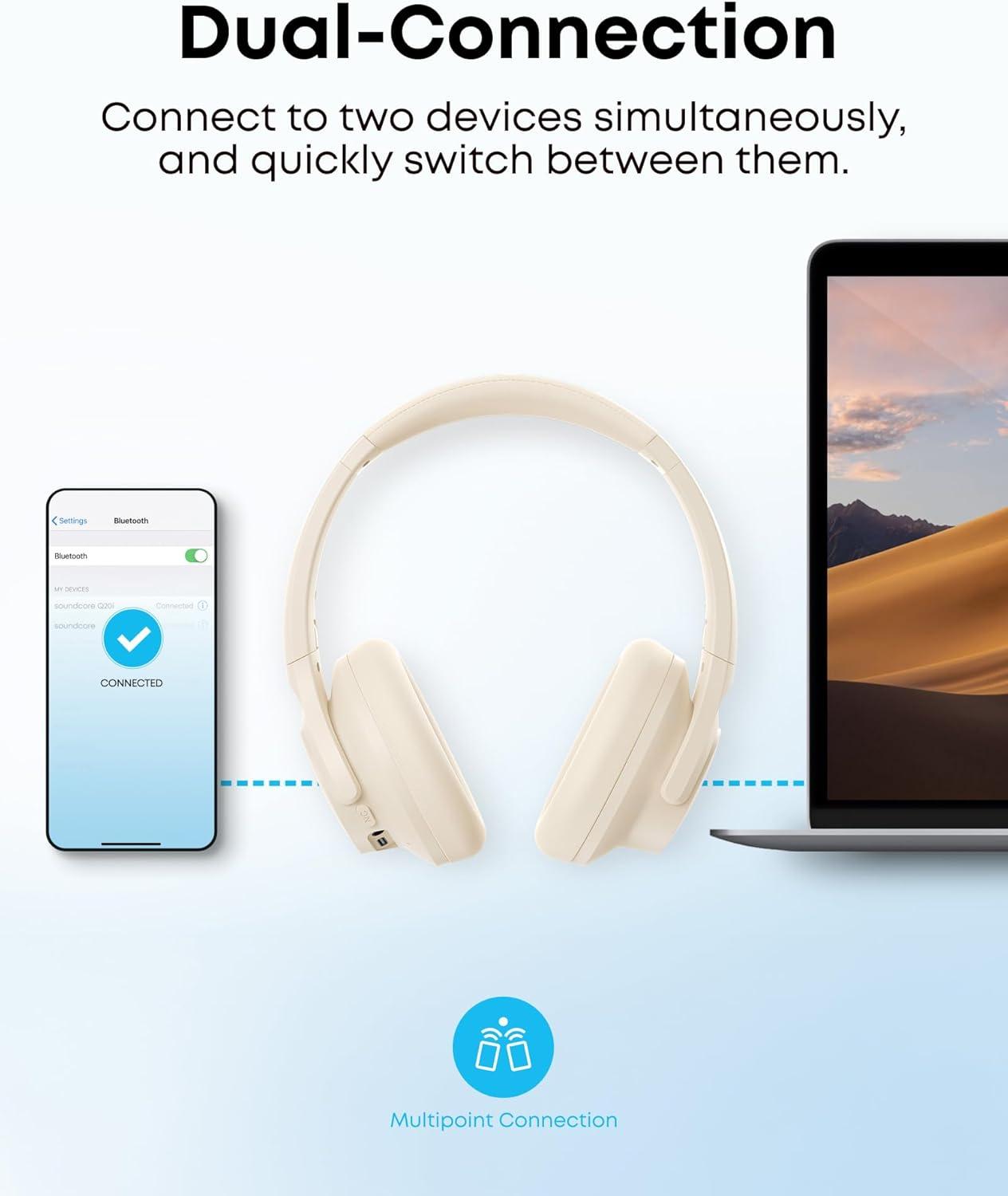 image:imageSoundcore by Anker Q20i Hybrid Active Noise Cancelling Headphones Wireless OverEar Bluetooth 40H Long ANC Playtime HiRes Audio Big Bass Customize via an App Transparency ModeAlmond White