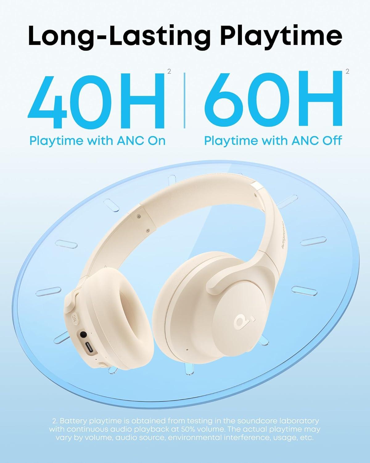image:imageSoundcore by Anker Q20i Hybrid Active Noise Cancelling Headphones Wireless OverEar Bluetooth 40H Long ANC Playtime HiRes Audio Big Bass Customize via an App Transparency ModeAlmond White