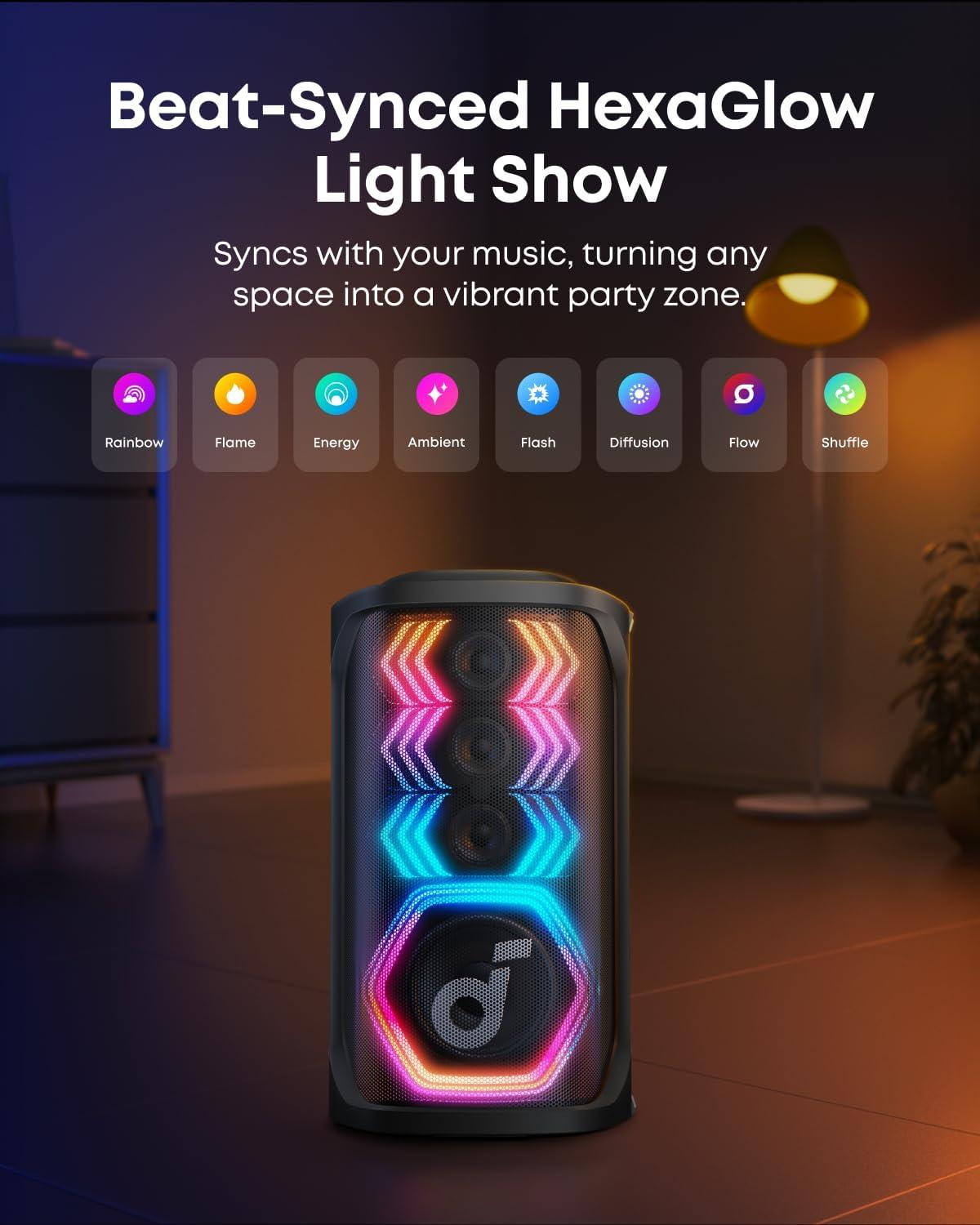 image:imagesoundcore Rave 3S AI Party Speaker with 2 Wireless Microphones 200W Sound AI Vocal Removal Reverb Light Show 12H Playtime Portable Bluetooth PA System for Home Party or Backyard