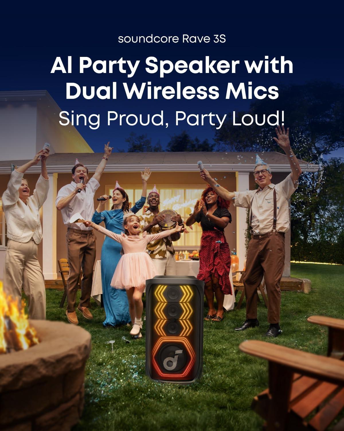 image:imagesoundcore Rave 3S AI Party Speaker with 2 Wireless Microphones 200W Sound AI Vocal Removal Reverb Light Show 12H Playtime Portable Bluetooth PA System for Home Party or Backyard