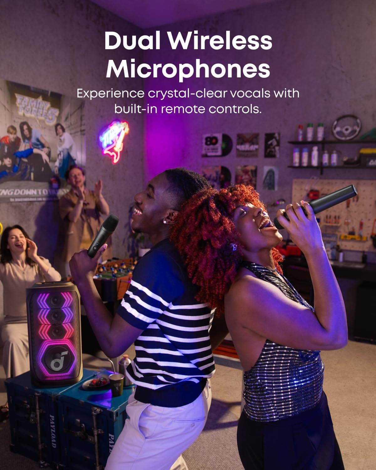 image:imagesoundcore Rave 3S AI Party Speaker with 2 Wireless Microphones 200W Sound AI Vocal Removal Reverb Light Show 12H Playtime Portable Bluetooth PA System for Home Party or Backyard