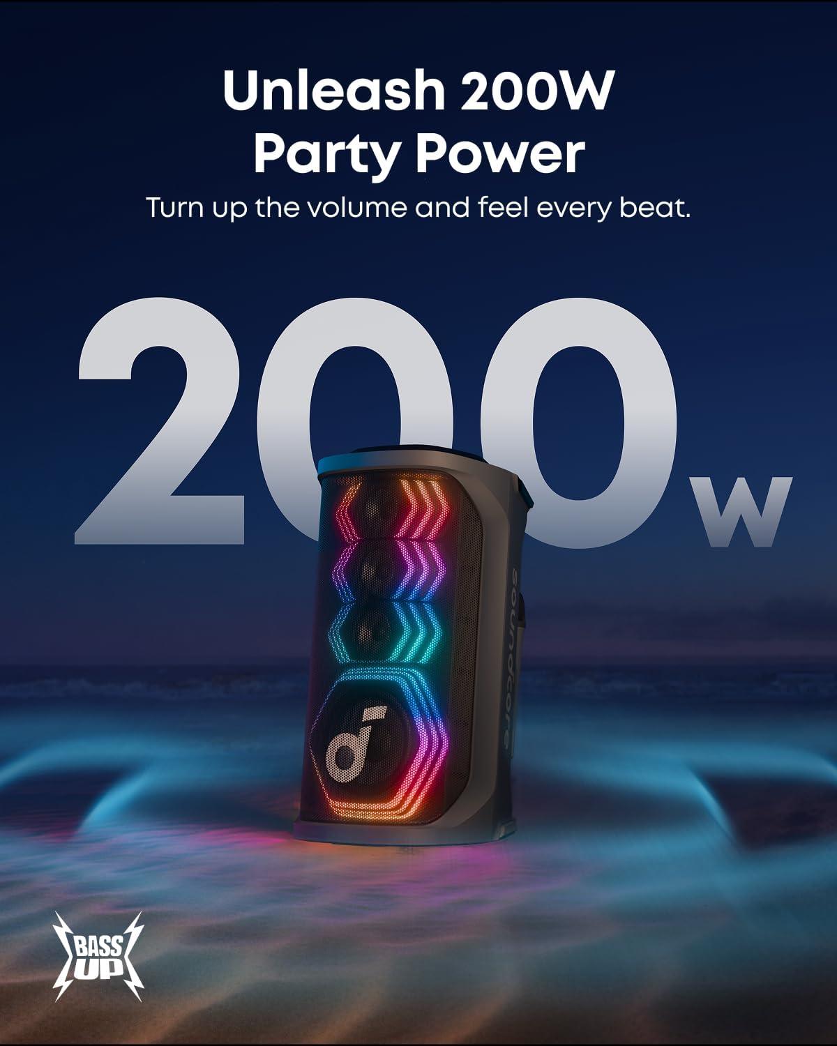 image:imagesoundcore Rave 3S AI Party Speaker with 2 Wireless Microphones 200W Sound AI Vocal Removal Reverb Light Show 12H Playtime Portable Bluetooth PA System for Home Party or Backyard