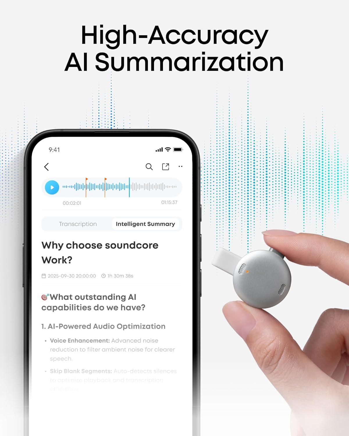 image:imagesoundcore Work by Anker Portable AI Voice Recorder AI Note Taker AI Transcription amp Summarization 6Month Pro at No Charge CrossMeeting Summary MFi Certified Privacy ProtectionWhite