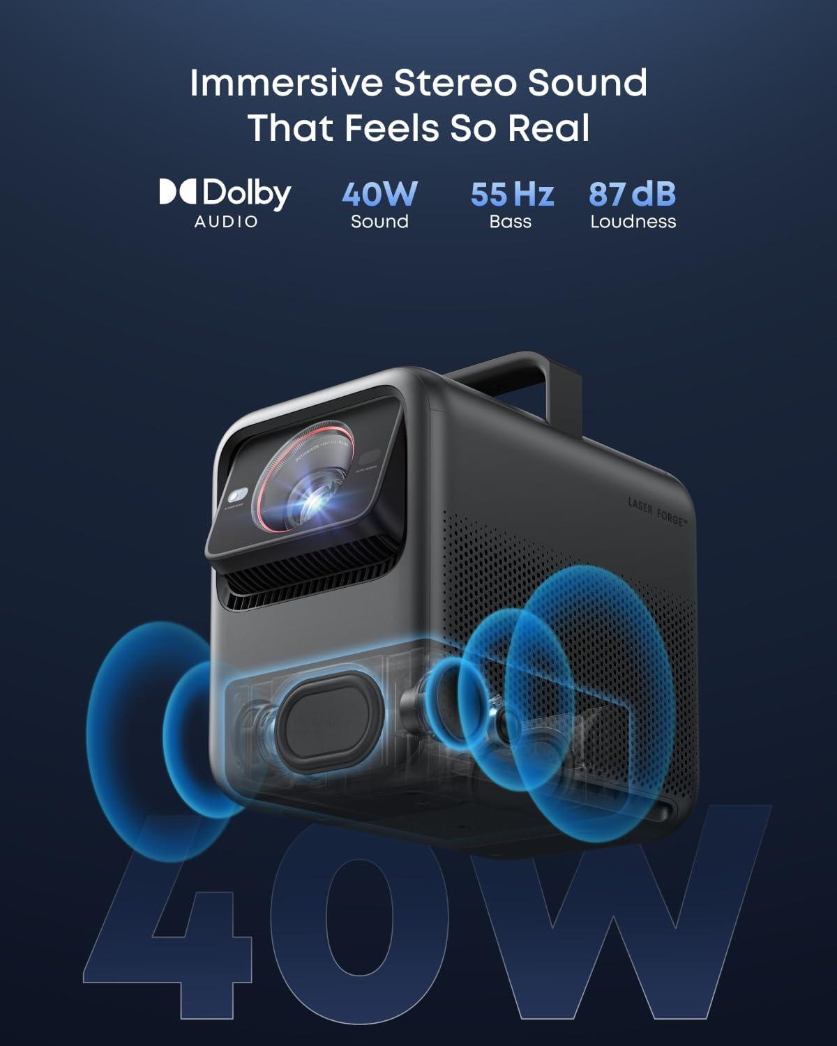 image:imageNEBULA X1 Triple Laser 4K Projector with Satellite Speakers 3500 ANSI Lumens 560001 Contrast 200W 412 Surround Sound 0915 Optical Zoom Smart AI Dolby Vision BuiltIn Micro Gimbal GTVX1